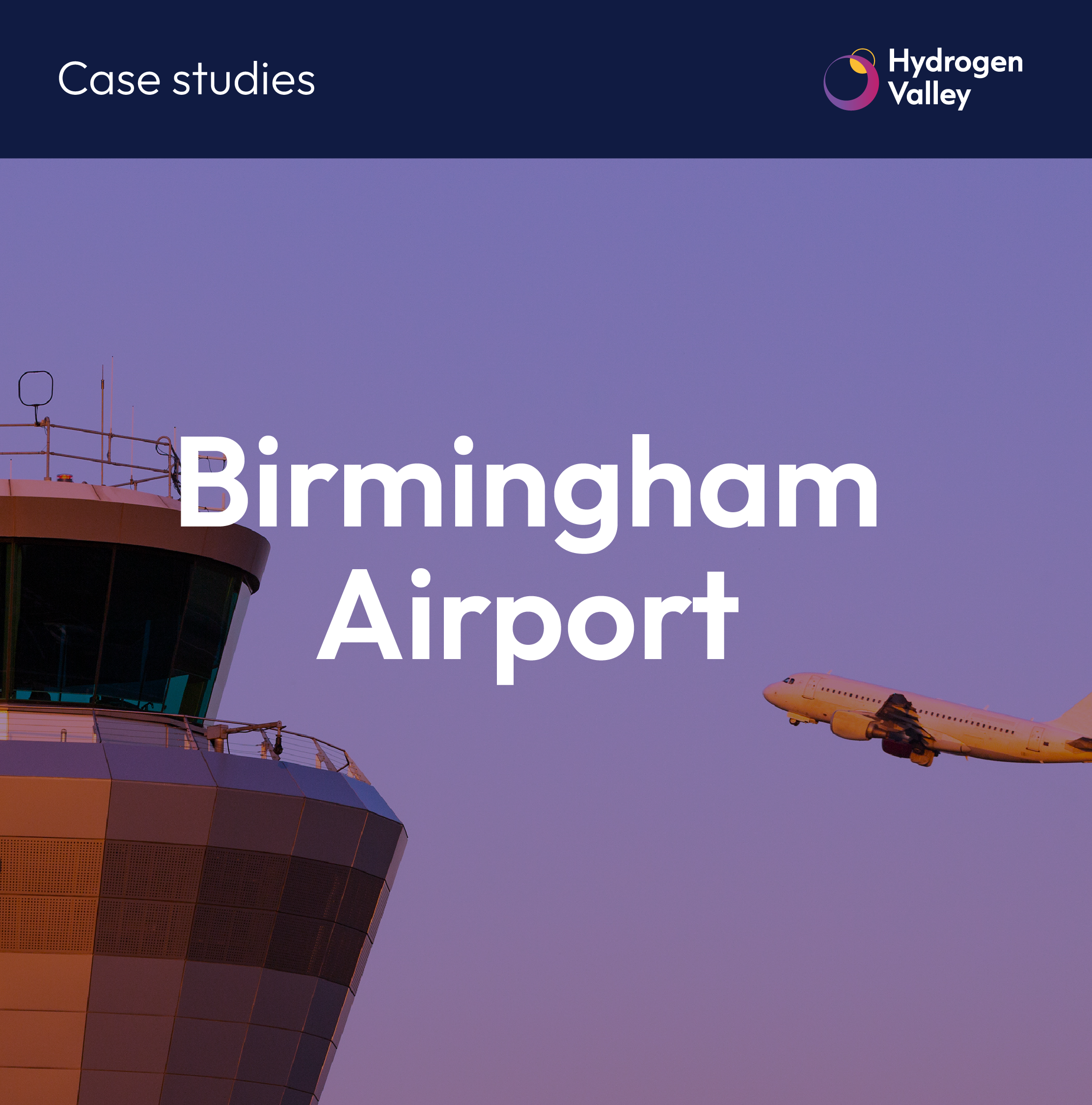 Birmingham Airport case study thumbnail, with a picture of a plane and an air traffic control tower in the background